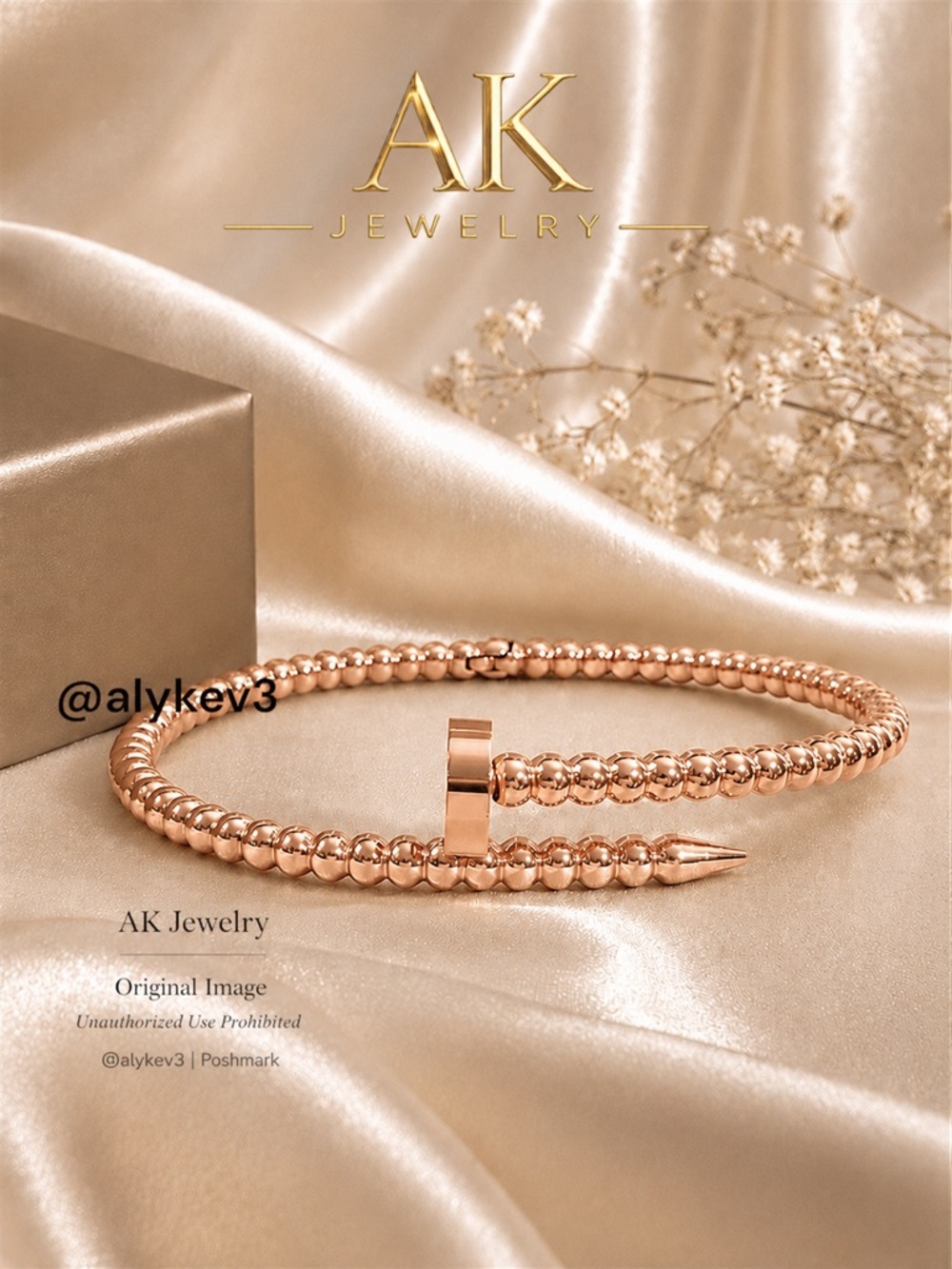 💎LUXURY High End Style Beaded Rose Gold Nail Bracelet Stackable Bangle GP